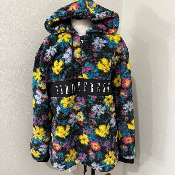 NWT Teddy Fresh Black Floral Sherpa half zip hoodie